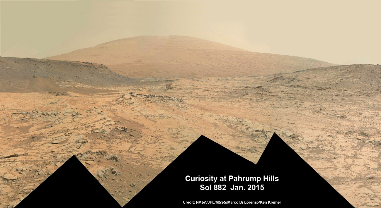 NASA’s Curiosity rover scans around the “Pahrump Hills” outcrop from the “Mojave 2” rock drilling site on Sol 882, Jan. 29, 2015.  Mount Sharp is seen in the distance in this composite photo mosaic. MAHLI camera raw images stitched. Credit: NASA/JPL-Caltech/MSSS/Marco Di Lorenzo/Ken Kremer-kenkremer.com 