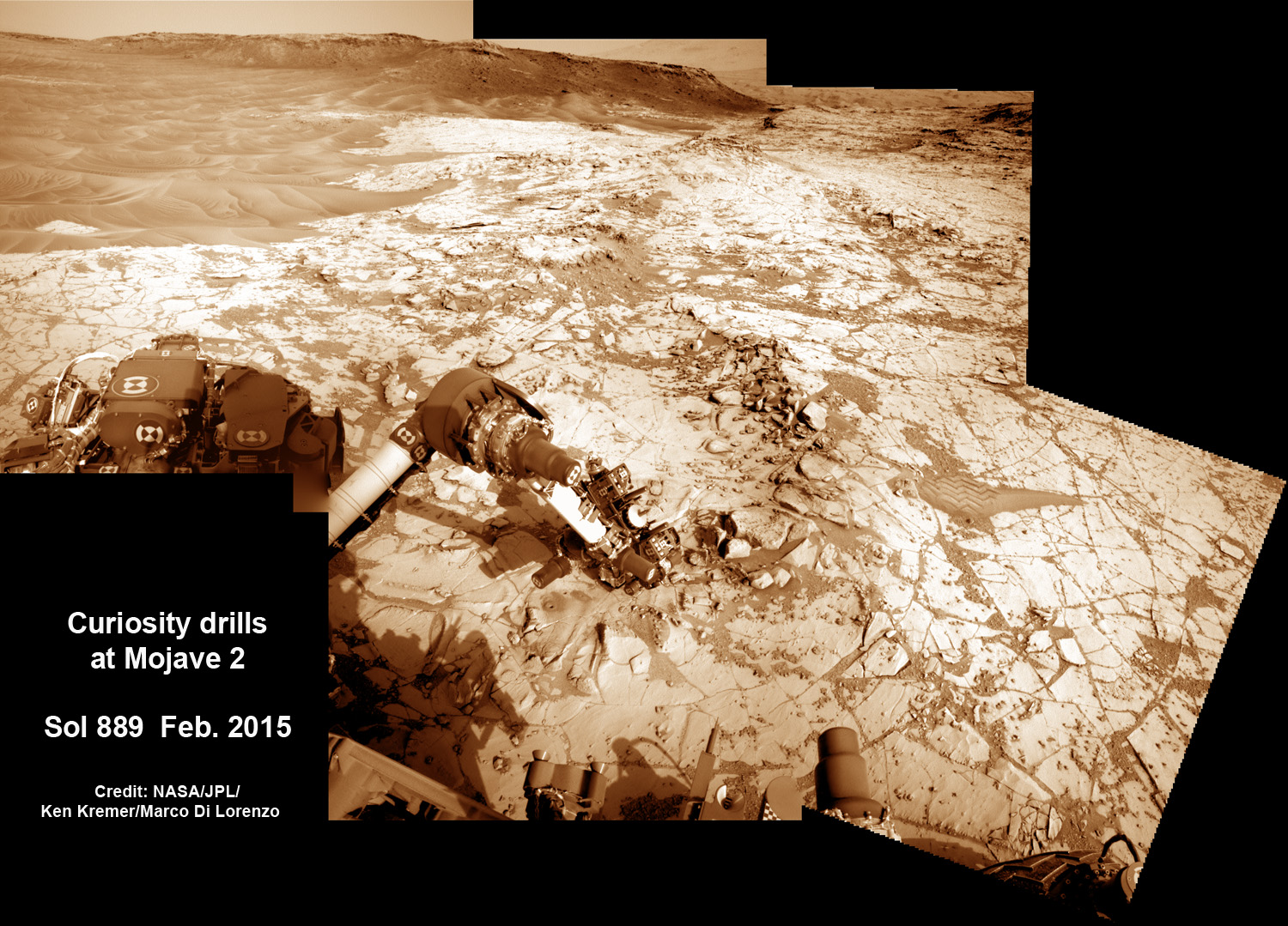 NASA’s Curiosity rover conducts 5th Martian sample drilling campaign at “Mojave 2” rock target in this composite photo mosaic from Sols 864 to 889 showing the robotic arm deployed on Sol 889, Feb. 5, 2015 to the “Pink Cliffs" portion of the "Pahrump Hills" rock outcrop at the base of Mount Sharp, seen in the distance.  Arm stowed at left.  Navcam camera raw images stitched and colorized. Credit: NASA/JPL-Caltech/Ken Kremer/kenkremer.com/Marco Di Lorenzo