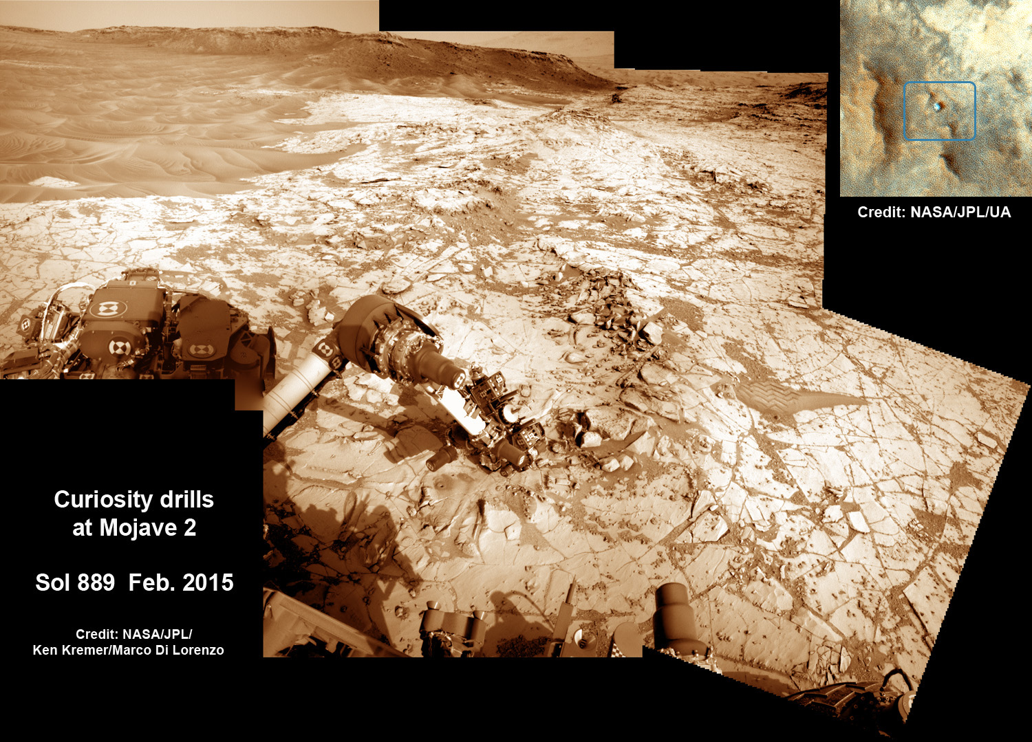 NASA’s Curiosity rover conducts 5th Martian sample drilling campaign at “Mojave 2” rock target in this composite photo mosaic from Sols 864 to 889. The mosaic shows the robotic arm deployed on Sol 889, Feb. 5, 2015 to the “Pink Cliffs” portion of the “Pahrump Hills” rock outcrop at the base of Mount Sharp, seen in the distance. Arm stowed at left. Navcam camera raw images stitched and colorized. Inset top right shows Curiosity imaged from Mars orbit by NASA’s MRO spacecraft. Credit: NASA/JPL-Caltech/Ken Kremer/kenkremer.com/Marco Di Lorenzo 