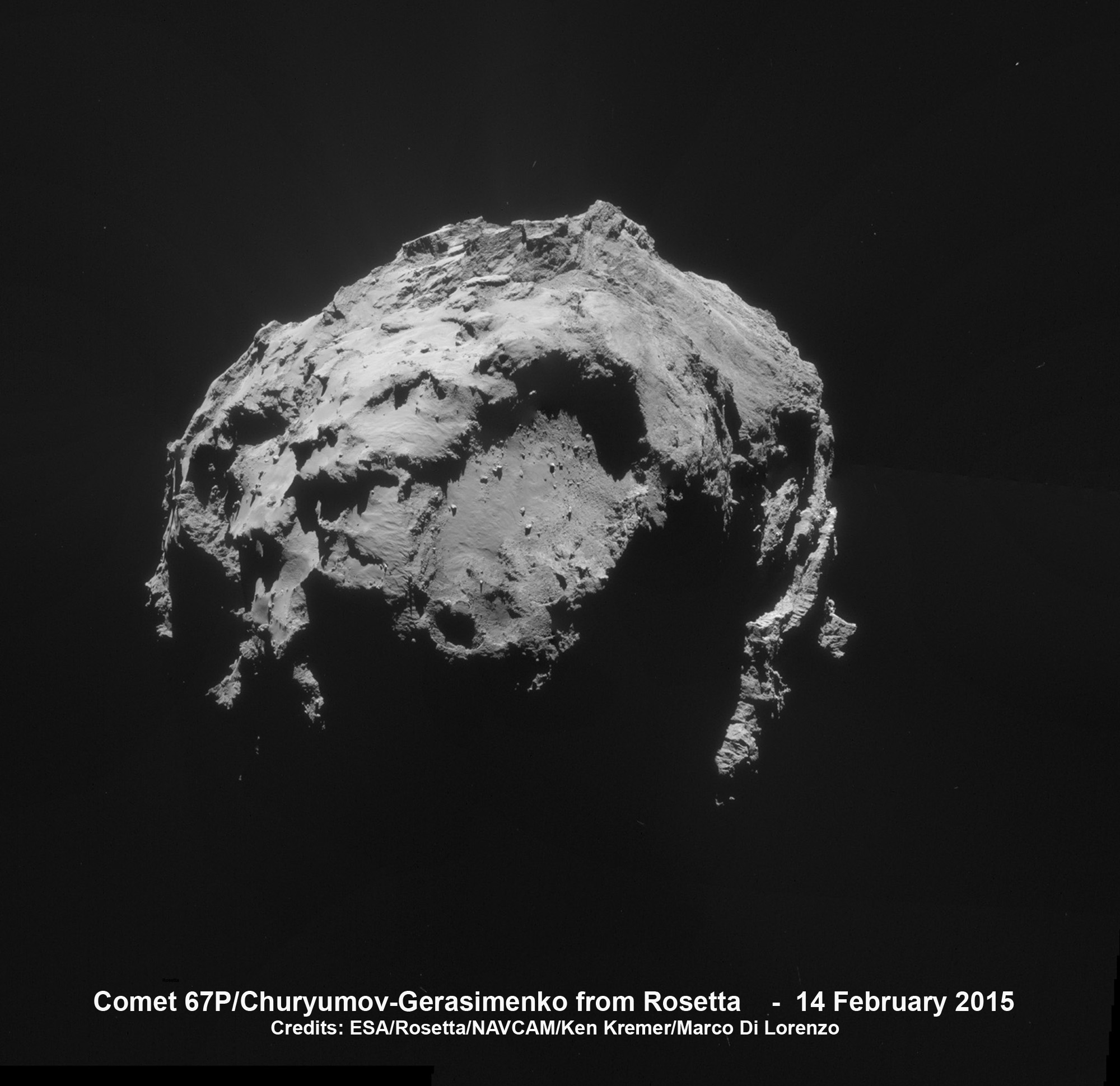 Four image montage of Comet 67P/Churyumov-Gerasimenko comprising images taken on 14 February 2015 at 04:32 GMT from a distance of 35.0 km. The image scale is 3.0 m/pixel. The view focuses Hatmehit, the large depression on the comet’s small lobe.  Credits: ESA/Rosetta/NAVCAM/Ken Kremer/kenkremer.com/Marco Di Lorenzo