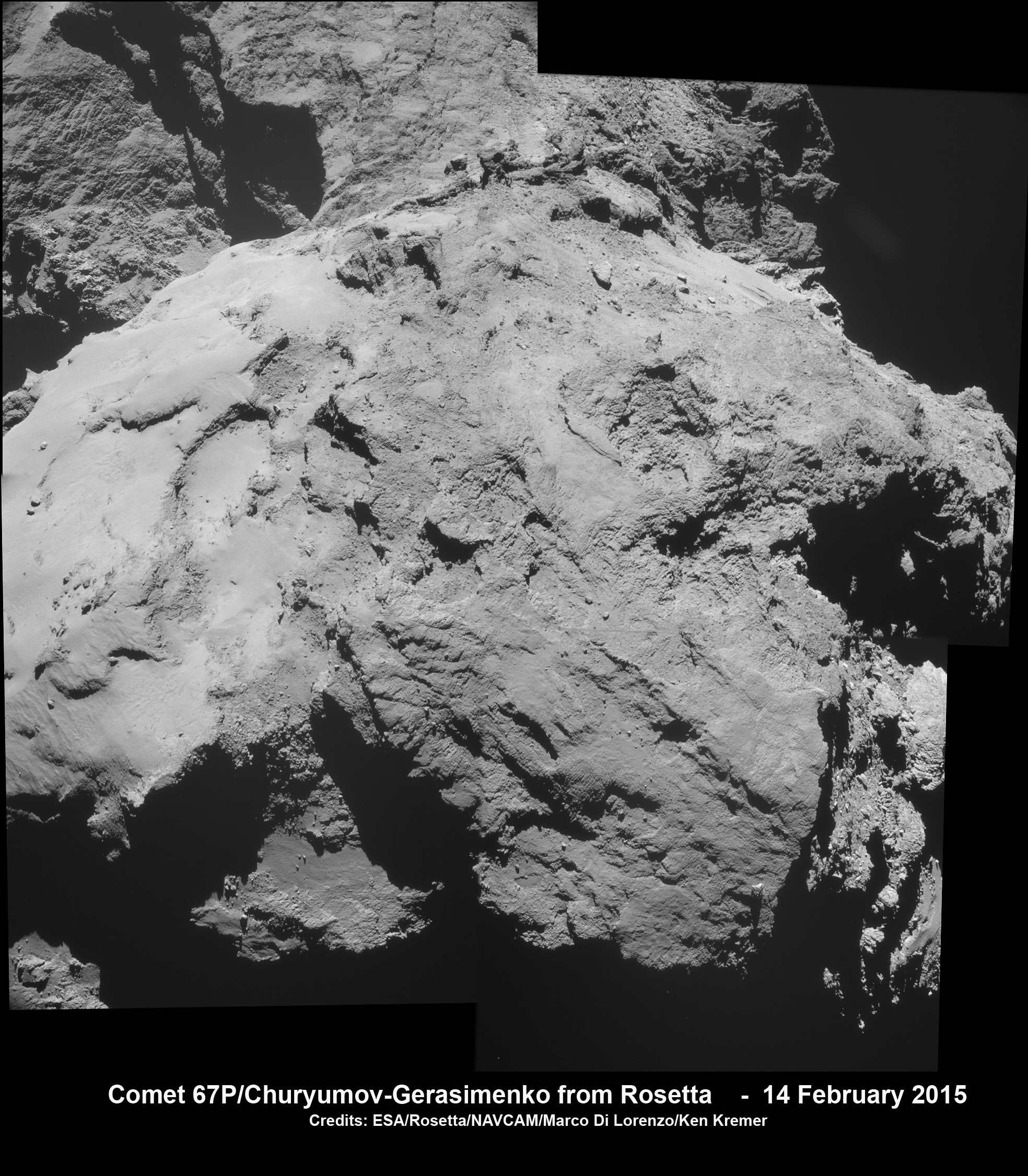 Backside view of Comet 67P/Churyumov-Gerasimenko.  Four image mosaic of Comet 67P/Churyumov-Gerasimenko comprising images taken on 14 February 2015 at 10:15 GMT just prior to closest approach from a distance of 12.6 km from the comet centre (about 10.6 km from the surface). For the comet centre distance, the image scale is 1.1 m/pixel. In this orientation the view is across the ‘back’ of the large comet lobe, with the ‘neck’ and the small comet lobe towards the top of the image.  Credits: ESA/Rosetta/NAVCAM/Marco Di Lorenzo Ken Kremer/kenkremer.com