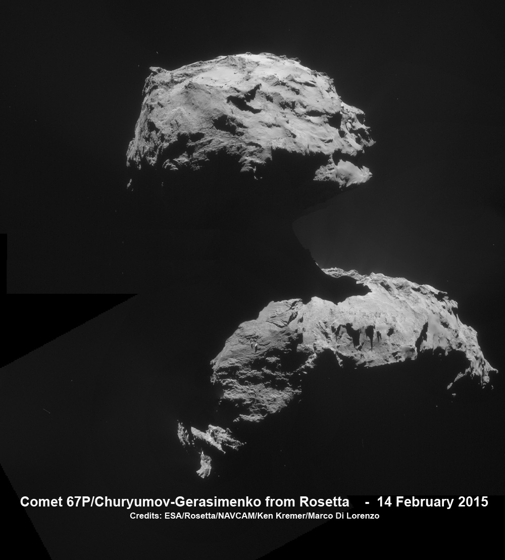 Parting post flyby whole body view of ducky shaped comet 67P.  Four image mosaic of Comet 67P/Churyumov-Gerasimenko comprising images taken on 14 February 2015 at 19:42 GMT from a distance of 31.6 km from the comet center. The image scale is 2.7 m/pixel.  Rosetta’s parting shot following the close flyby features the comet’s small lobe at the top of the image, with the larger lobe in the lower portion of the image set.  Credits: ESA/Rosetta/NAVCAM/Ken Kremer/kenkremer.com/Marco Di Lorenzo