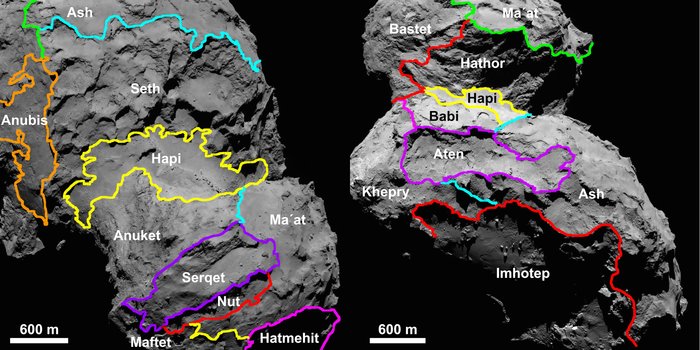 A number of the regional boundaries defined for Comet 67P/Churyumov–Gerasimenko overlaid onto views of the comet. Credits: ESA/Rosetta/MPS for OSIRIS Team MPS/UPD/LAM/IAA/SSO/INTA/UPM/DASP/IDA
