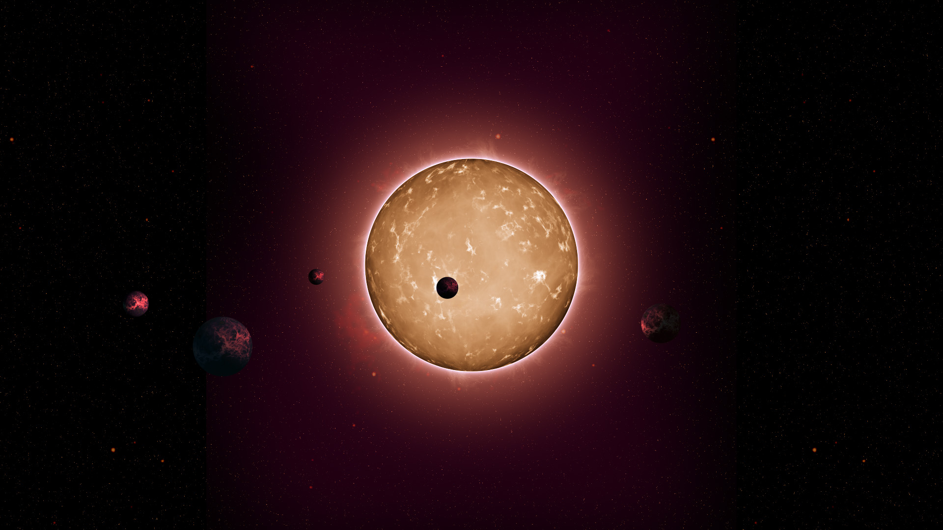 Artist's concept of the recently discovered tightly packed and ancient exoplanetary system named Kepler-444. Astroseismic studies of the star's oscillations, allowed astronomers to determine that it is the oldest planetary system discovered to date, with an age of approximately 11 billion years. Image Credit: Tiago Campante/Peter Devine/University of Birmingham