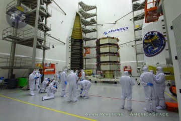 Media getting an up-close look at NASA's finished MMS spacecraft, stacked for launch atop a ULA Atlas-V 421 rocket on March 12, 2015. Photo Credit: Alan Walters / AmericaSpace 