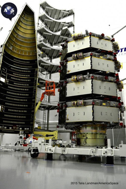 NASA's four MMS spacecraft in the clean room Feb. 18, 2015, stacked like pancakes for launch on March 12, 2015. Photo Credit: Talia Landman / AmericaSpace 