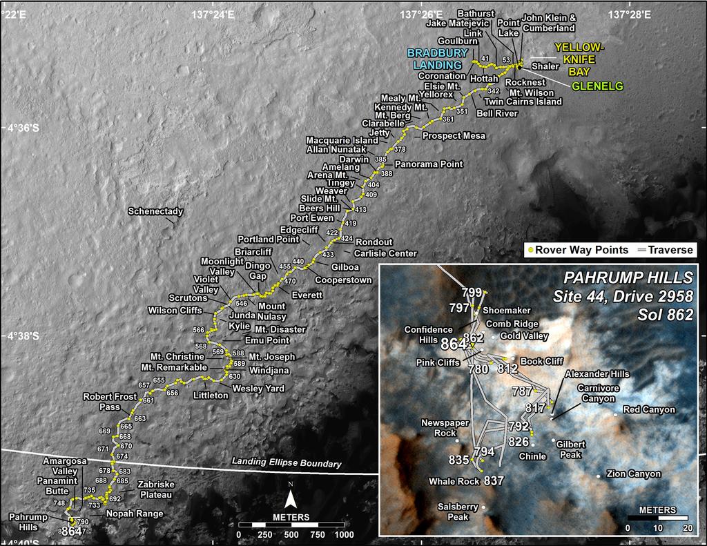 Curiosity's Traverse Map Through Sol 896.  This map shows the route driven by NASA's Mars rover Curiosity through Sol 896 (Feb. 12, 2015).  Curiosity arrived at this site on Sol 864 (Jan. 11, 2015) and drilled into the Mojave 2 rock target.   The rover departed on Sol 896 for Whale Rock. Numbering of the dots along the line indicate the sol number of each drive. North is up. The scale bar is 1 kilometer (~0.62 mile). From Sol 862 to Sol 864, Curiosity had driven a straight line distance of about 13.88 feet (4.23 meters). The base image from the map is from the High Resolution Imaging Science Experiment Camera (HiRISE) in NASA's Mars Reconnaissance Orbiter.   Credit: NASA/JPL-Caltech/Univ. of Arizona 