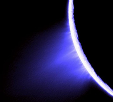 Color image of water vapor geysers on Enceladus. Image Credit: NASA/JPL