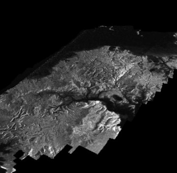 A perspective radar view of Kraken Mare, another large hydrocarbon sea on Titan. The image has been despeckled to bring out more detail in the surface features. Image Credit: Credit: NASA/JPL-Caltech/ASI