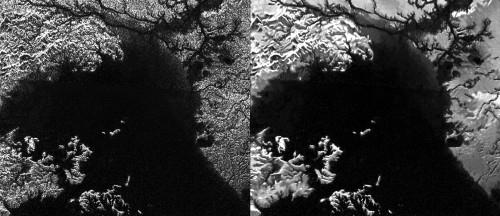 Radar view of Ligeia Mare, a large hydrocarbon sea on Titan. The original version is on the left and the enhanced, "despeckled" version is on the right. Image Credit: NASA/JPL-Caltech/ASI