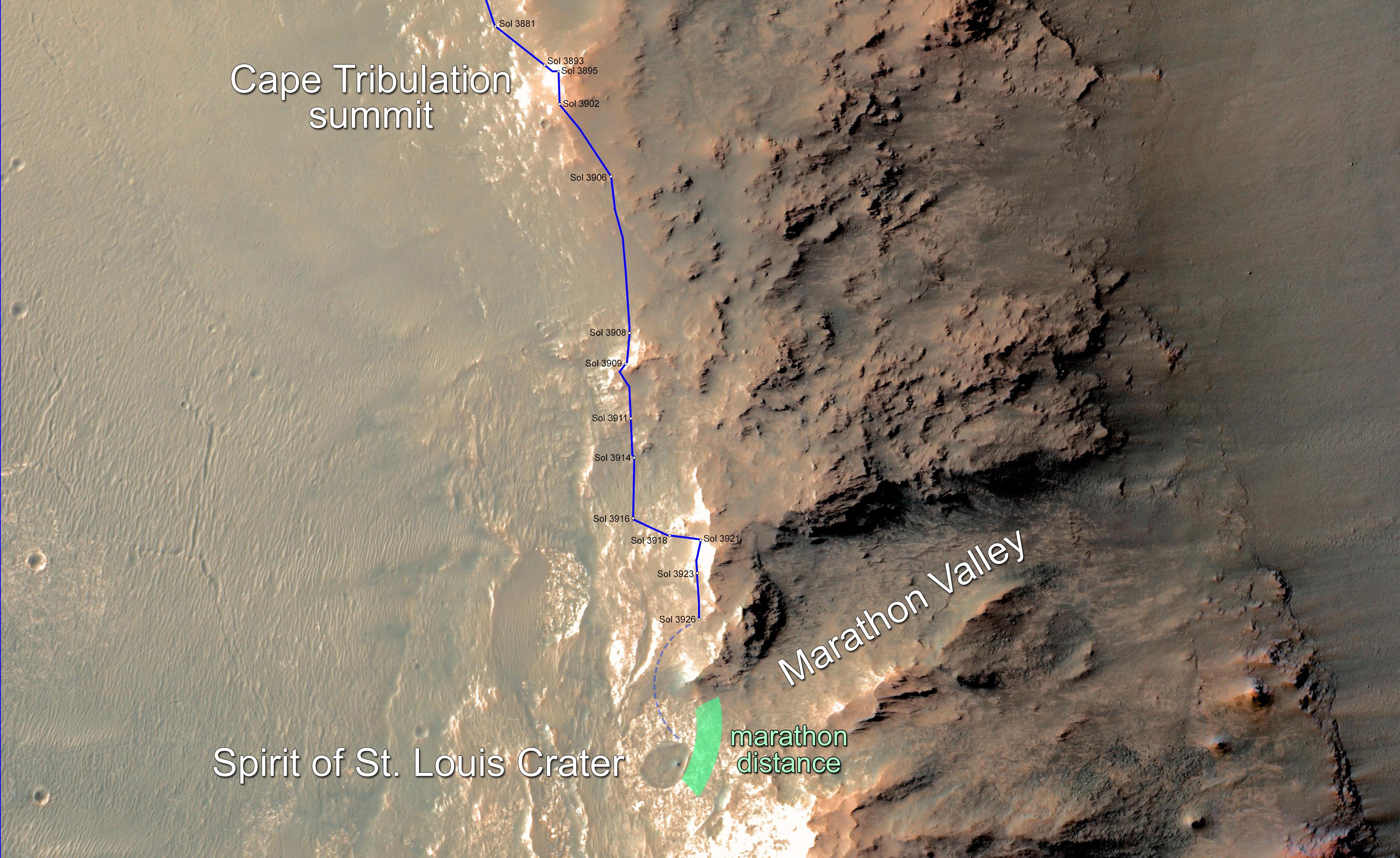Opportunity Rover Nears Mars Marathon Feat.  In February 2015, NASA's Mars Exploration Rover Opportunity is approaching a cumulative driving distance on Mars equal to the length of a marathon race. This map shows the rover's position relative to where it could surpass that distance. The map shows the rover's location as of Feb. 10, 2015, in the context of where it has been since late December 2014 and the "Marathon Valley" science destination ahead. Opportunity is within about 220 yards (200 meters) of completing a marathon. The green band indicates where it could reach the official Olympic marathon-race distance of 26.219 miles (42.195 kilometers). The rover's route might zigzag as the rover team chooses a path toward Marathon Valley, so there is uncertainty about where exactly it will pass marathon distance. Credit: NASA/JPL-Caltech/Univ. of Arizona