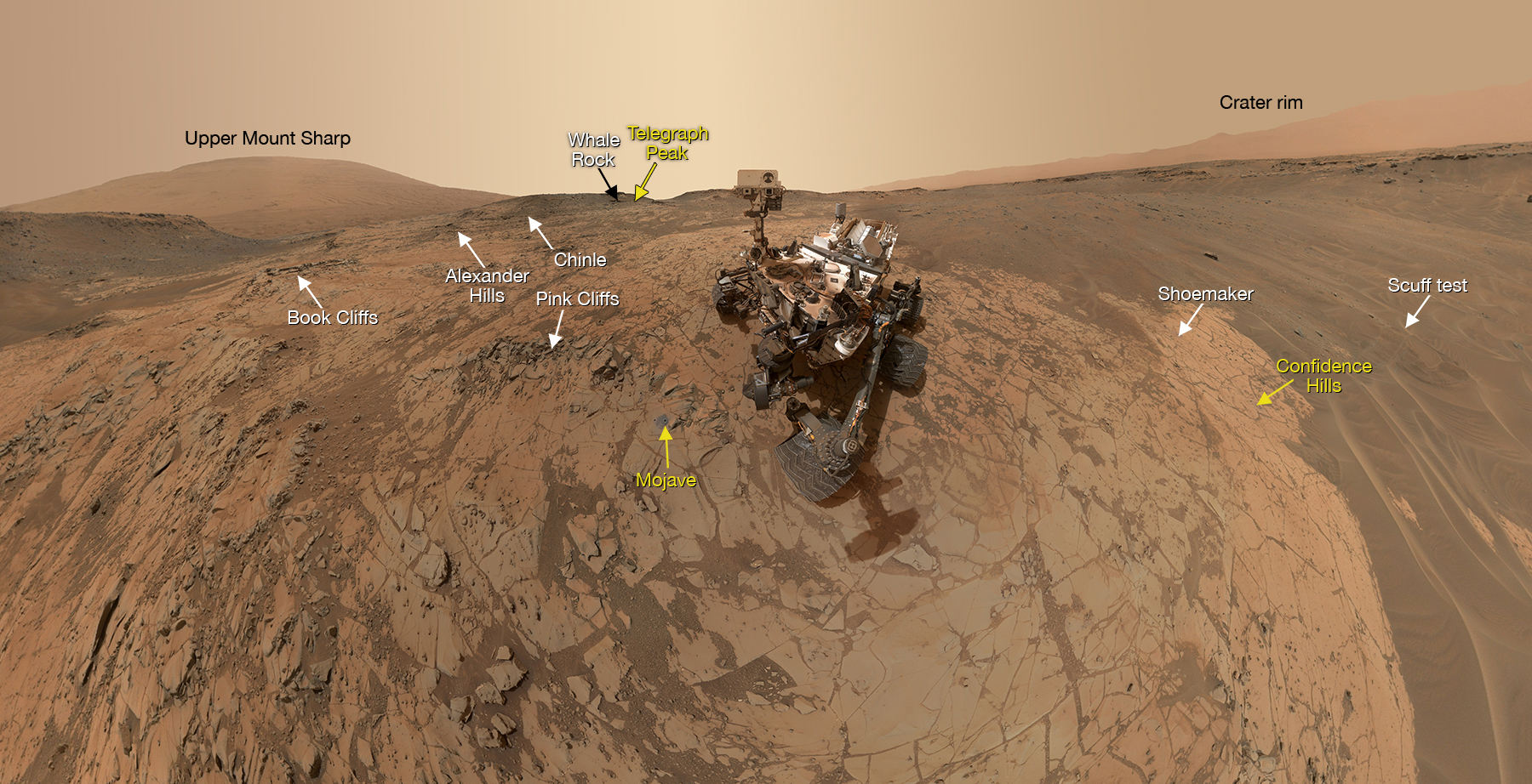 This self-portrait of NASA's Curiosity Mars rover shows the vehicle at the "Mojave" site, where its drill collected the mission's second taste of Mount Sharp. The scene combines dozens of images taken during January 2015 by the MAHLI camera at the end of the rover's robotic arm. Image Credit:   NASA/JPL-Caltech/MSSS    