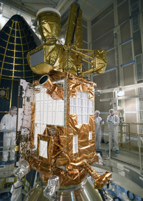 NASA's SMAP satellite prior to being encapsulated for its launch to space. Photo Credit: NASA