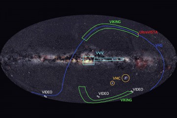 A schematic representation of the sky coverage of the various surveys that are undertaken by the European Southern Observatory's VISTA telescope in Chile. The image is a projection of the entire sky with the Milky Way across the centre. Chakrabarti's team used data from the VVV survey which focuses at our galaxy's central regions. Image Credit: VISTA/ESO