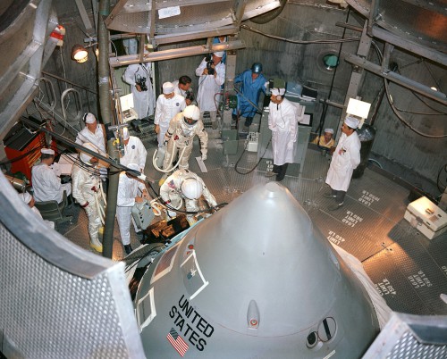 The Apollo 1 crew, pictured during training with the Block 1 Apollo Command and Service Module (CSM). Photo Credit: NASA