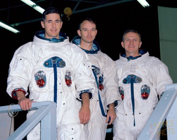 Had they flown the Apollo 3 crew of (from left) Bill Anders, Mike Collins and Frank Borman would have established a new human altitude record, entering an elliptical orbit with an apogee of more than 4,000 miles (6,400 km). Photo Credit: NASA, via Joachim Becker/SpaceFacts.de