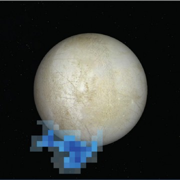 Hubble Space Telescope image of Europa showing area where water vapor was detected emanating from the surface in 2012. Image Credit: NASA/ESA/L. Roth/SWRI/University of Cologne