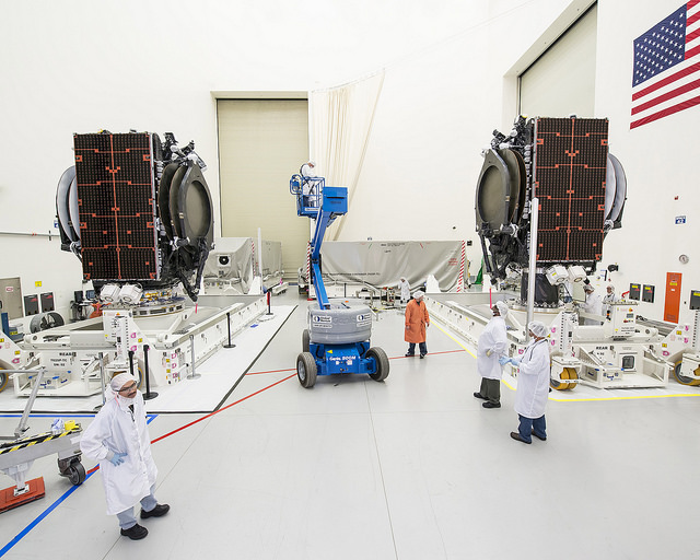 The ABS-3A and Eutelsat 115 West B satellites being readied for a March 1, 2015 launch attempt atop a SpaceX Falcon-9 rocket from Cape Canaveral Air Force Station, Fla. Photo Credit: Boeing