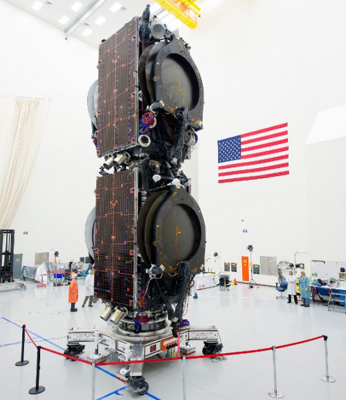 The ABS-3A and Eutelsat 115 West B satellites are "conjoined" in November 2014, ahead of their launch atop SpaceX's Falcon 9 v1.1. Photo Credit: Boeing
