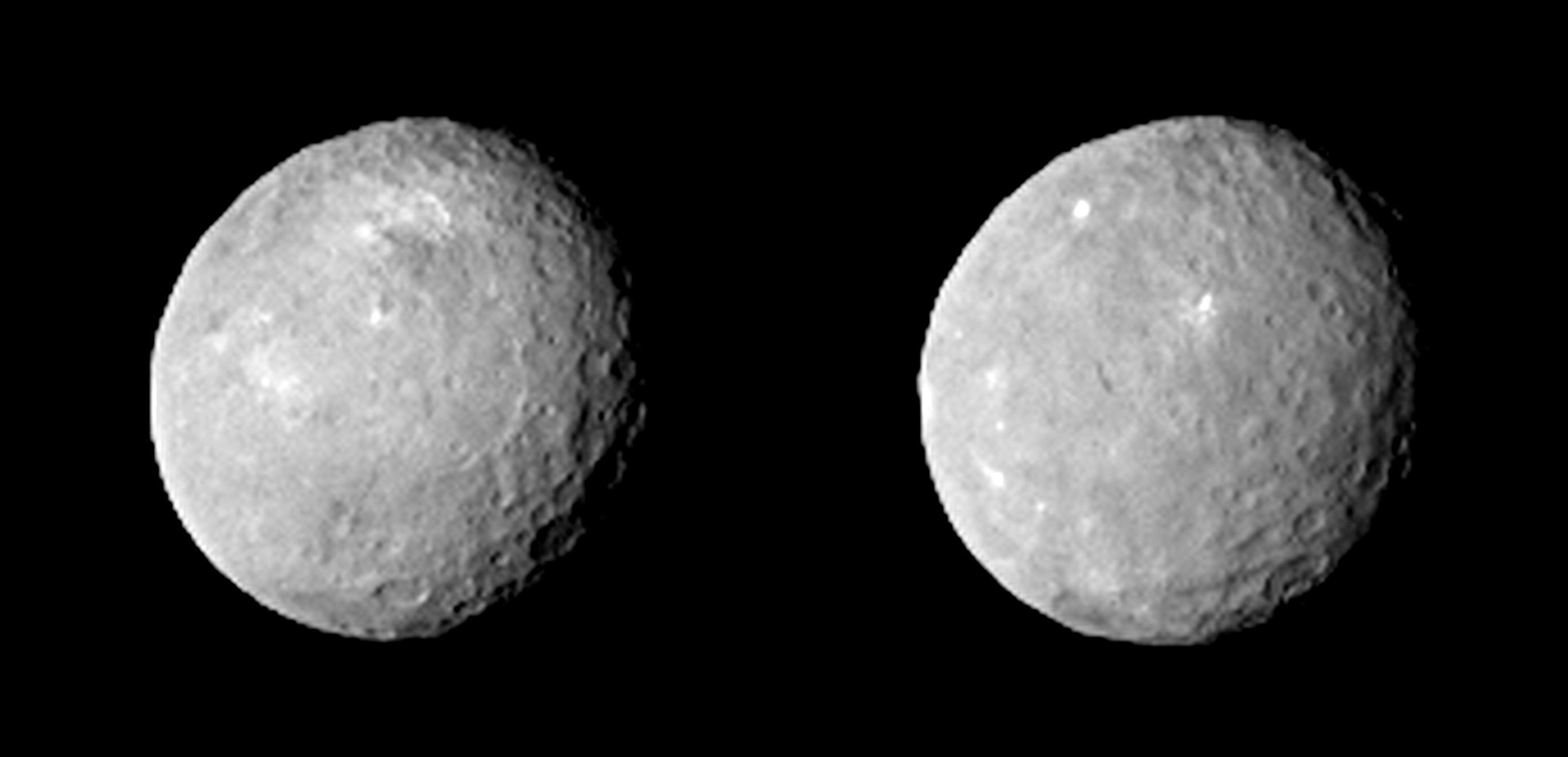 These two views of Ceres were acquired by NASA's Dawn spacecraft on Feb. 12, 2015, from a distance of about 52,000 miles (83,000 kilometers) as the dwarf planet rotated. The images have been magnified from their original size.  Credit:   NASA/JPL-Caltech/UCLA/MPS/DLR/IDA