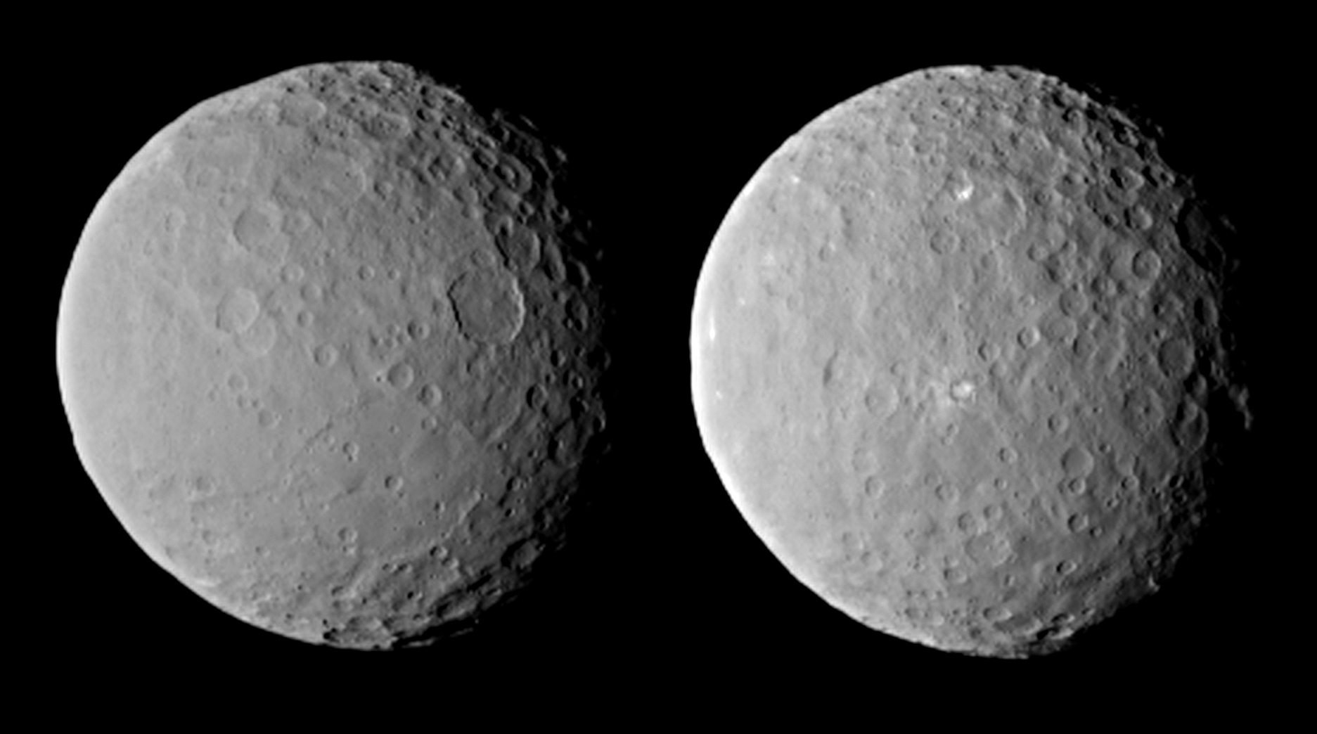 These images of dwarf planet Ceres, processed to enhance clarity, were taken on Feb. 19, 2015, from a distance of about 29,000 miles (46,000 kilometers), by NASA's Dawn spacecraft. Dawn observed Ceres completing one full rotation, which lasted about nine hours.   Credit:  NASA/JPL-Caltech/UCLA/MPS/DLR/IDA