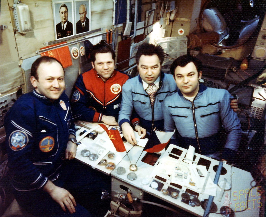 The first "international" crew aboard the Salyut 6 space station in March 1978 consisted of (from left) Vladimir Remek, Alexei Gubarev, Georgi Grechko and Yuri Romanenko. Gubarev and Grechko had previously flown together to Salyut 4 in early 1975. Photo Credit: Joachim Becker/SpaceFacts.de