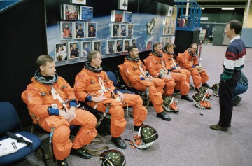 Pictured just eight weeks before the loss of Columbia, the STS-115 crew prepares for a training session at the Johnson Space Center (JSC) in Houston, Texas. Photo Credit: NASA