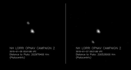 Two new images of Pluto and its largest moon Charon, taken on Jan. 25 and Jan. 27, 2015 by the New Horizons spacecraft. Image Credit: NASA/Johns Hopkins University Applied Physics Laboratory/Southwest Research Institute