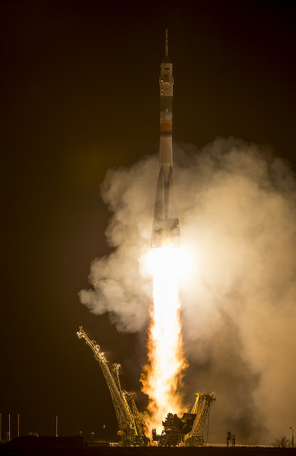 The Soyuz TMA-16M spacecraft is seen as it launches to the ISS with Expedition 43 NASA Astronaut Scott Kelly and Russian Cosmonauts Mikhail Corniness and Gennady Padalka of the Russian Federal Space Agency (Roscosmos) on March 27 (Eastern time) from the Baikonur Cosmodrome in Kazakhstan. Photo Credit: NASA / Bill Ingall