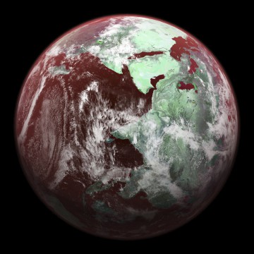 An example filtered view of Earth showing reddish highlights. The new technique could examine the colouring of possible life forms on the surface of exoplanets. Image Credit: NASA