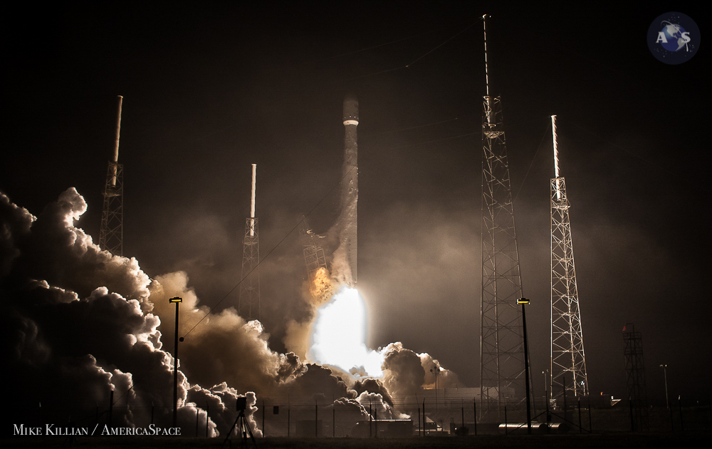 Rising on a column of dazzling orange flame, the third Falcon 9 v1.1 of 2015 takes flight, delivering SpaceX's first dual-satellite payload to Geostationary Transfer Orbit (GTO). Photo Credit: Mike Killian / AmericaSpace