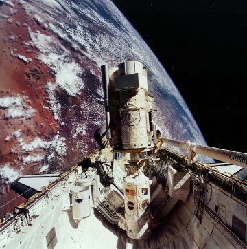The ASTRO-2 payload, pictured in Endeavour's payload bay, during the STS-67 mission. Photo Credit: NASA 