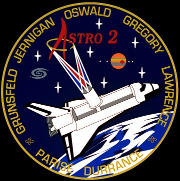 Principally designed by the three "rookie" members of the crew, the STS-67 patch highlights ASTRO-2's contributions to ultraviolet astronomy. Image Credit: NASA