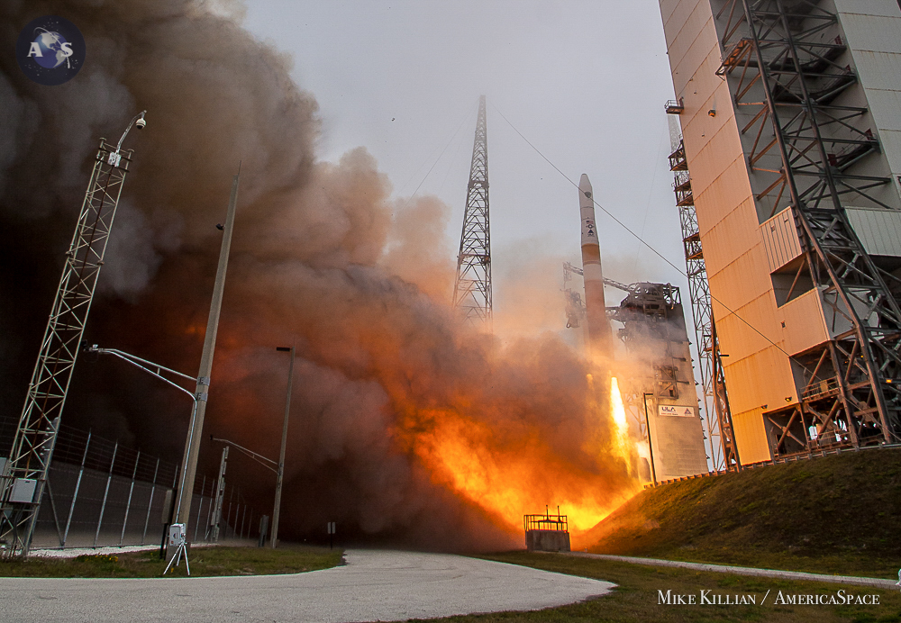 Rising into a gloomy ball of low-lying fog, the first Delta-IV of 2015 took flight at 2:36 p.m. EDT Wednesday, 25 March, delivering the ninth Global Positioning System (GPS) Block IIF satellite into orbit. Photo Credit: Mike Killian / AmericaSpace