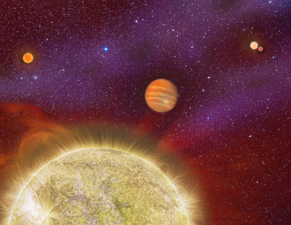 Artist's conception of the quadruple star system 30 Arietis. The primary star, called 30 Arietis B, has a companion (the small "red dwarf" star shown at upper left). This pair of stars is itself locked in a long-distance orbit with another pair of stars (upper right), known as 30 Arietis A. A team of astronomers using the Robo-AO adaptive optics system at the Palomar Observatory, recently discovered the red star at upper left, bringing the total number of known stars in the system from three to four. The system also hosts a gas giant exoplanet (at center), which orbits its primary star (yellow) every 335 days. Image Credit: Karen Teramura, UH IfA