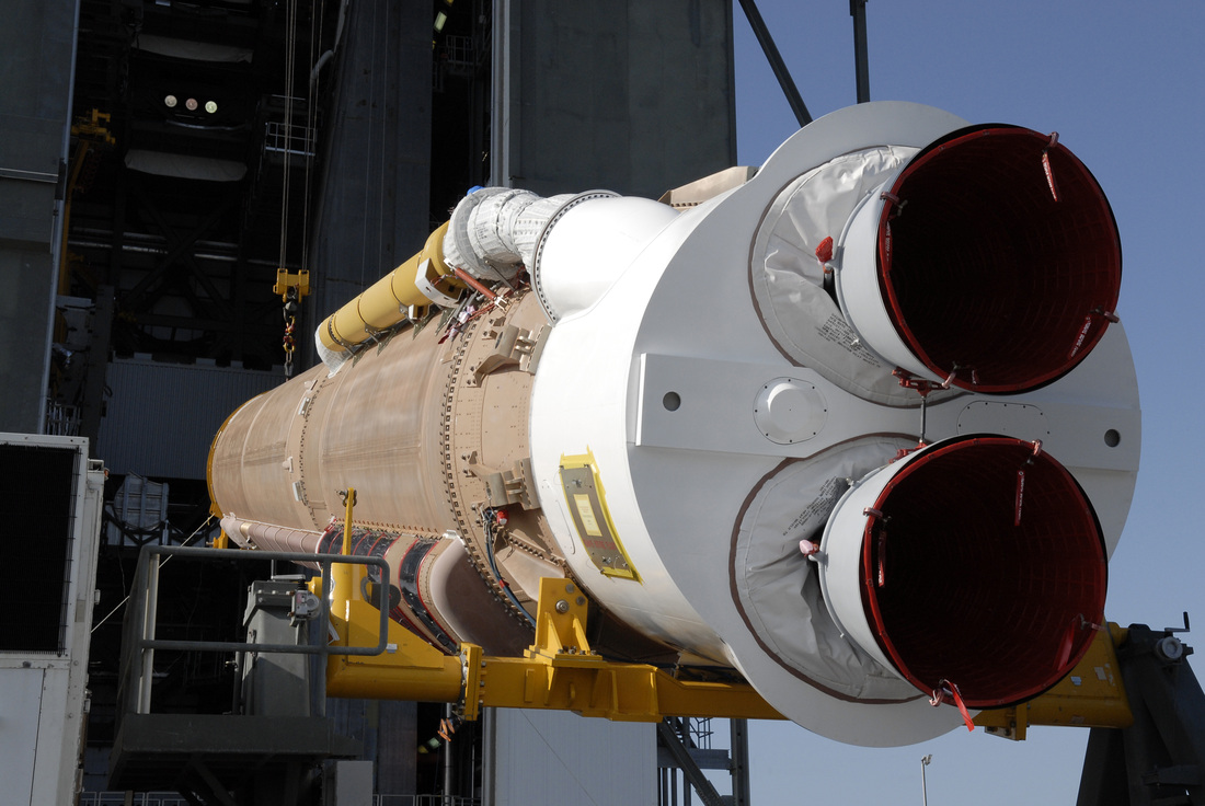 Each Atlas V is powered by a single oxygen/kerosene Russian RD-180 with two engine nozzles. By 2019 ULA hopes to instead power the launcher with two BE-4 methane/oxygen engines. Photo Credit: NASA / ULA