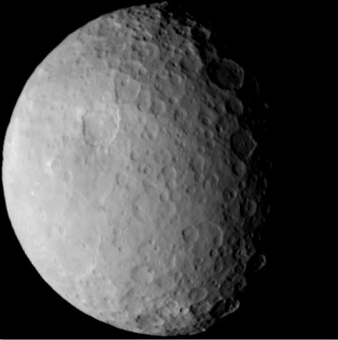 Ceres Awaits Dawn with 2 unique bright spots inside crater.  Ceres rotates in this sped-up movie comprised of images taken by NASA's Dawn mission during its approach to the dwarf planet. The images were taken on Feb. 19, 2015, from a distance of nearly 29,000 miles (46,000 kilometers). Dawn observed Ceres for a full rotation of the dwarf planet, which lasts about nine hours. The images have a resolution of 2.5 miles (4 kilometers) per pixel.  Credit: NASA/JPL-Caltech/UCLA/MPS/DLR/IDA