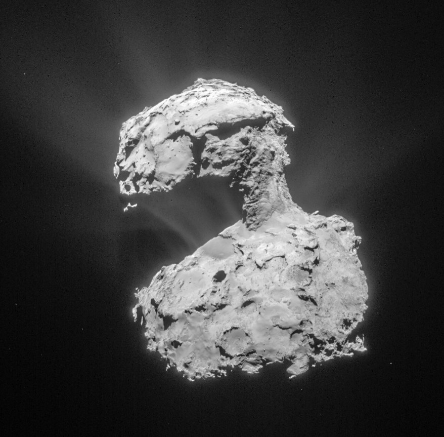 Comet 67P on 14 March 2015.  This single frame Rosetta navigation camera image was taken from a distance of 85.7 km from the centre of Comet 67P/Churyumov-Gerasimenko on 14 March 2015. The image has a resolution of 7.3 m/pixel and measures 6.4 x 6.3 km. The image is cropped and processed to bring out the details of the comet's activity.  Credit: ESA/Rosetta/NAVCAM