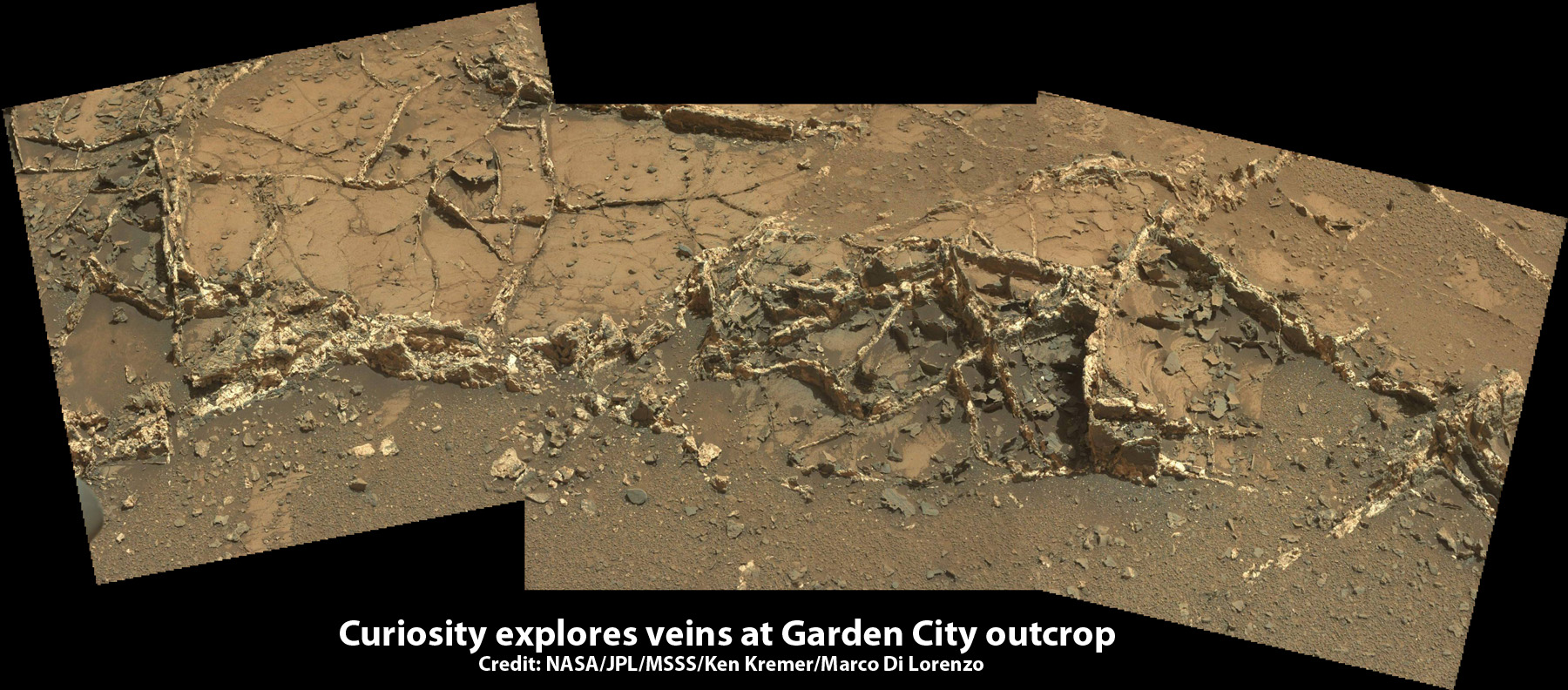 Curiosity investigates a beautiful outcrop of scientifically enticing dark and light mineral veins at ”Garden City” outcrop at the base of Mount Sharp at current location on Mars.   This  photo mosaic was stitched  from Mastcam color camera raw images. Credit:  NASA/JPL-Caltech/MSSS/Ken Kremer/kenkremer.com/Marco Di Lorenzo