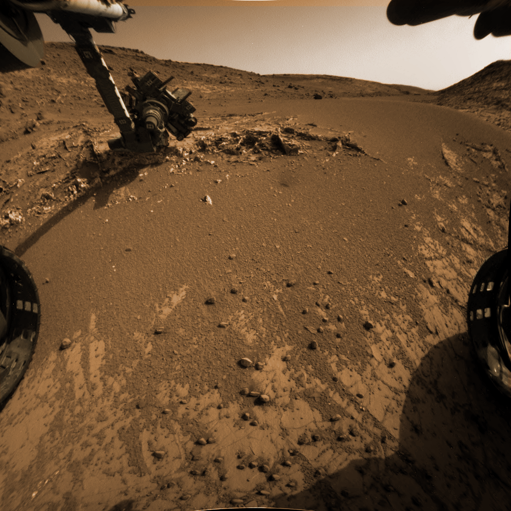 Hazcam view of Garden City rock outcrop from Sol 938. Colorized raw image. Credit: NASA/JPL-Caltech/ Marco Di Lorenzo/Ken Kremer/kenkremer.com