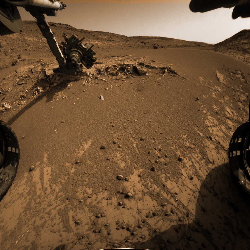 Hazcam view of Garden City rock outcrop from Sol 938. Colorized raw image.  Credit:  NASA/JPL-Caltech/ Marco Di Lorenzo/Ken Kremer/kenkremer.com