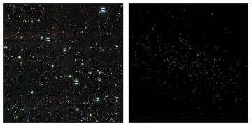 The image at left is a snapshot of Reticulum 2, one of the celestial objects that were found with the Dark Energy Camera and is the most likely to be a dwarf galaxy. This object is located approximately 98,000 light-years from Earth and contains very few stars – only about 300 could be detected with DES data. The image at the right shows the detectable stars that likely belong to this object, with all other visible matter blacked out. Image Credit: Fermilab/Dark Energy Survey