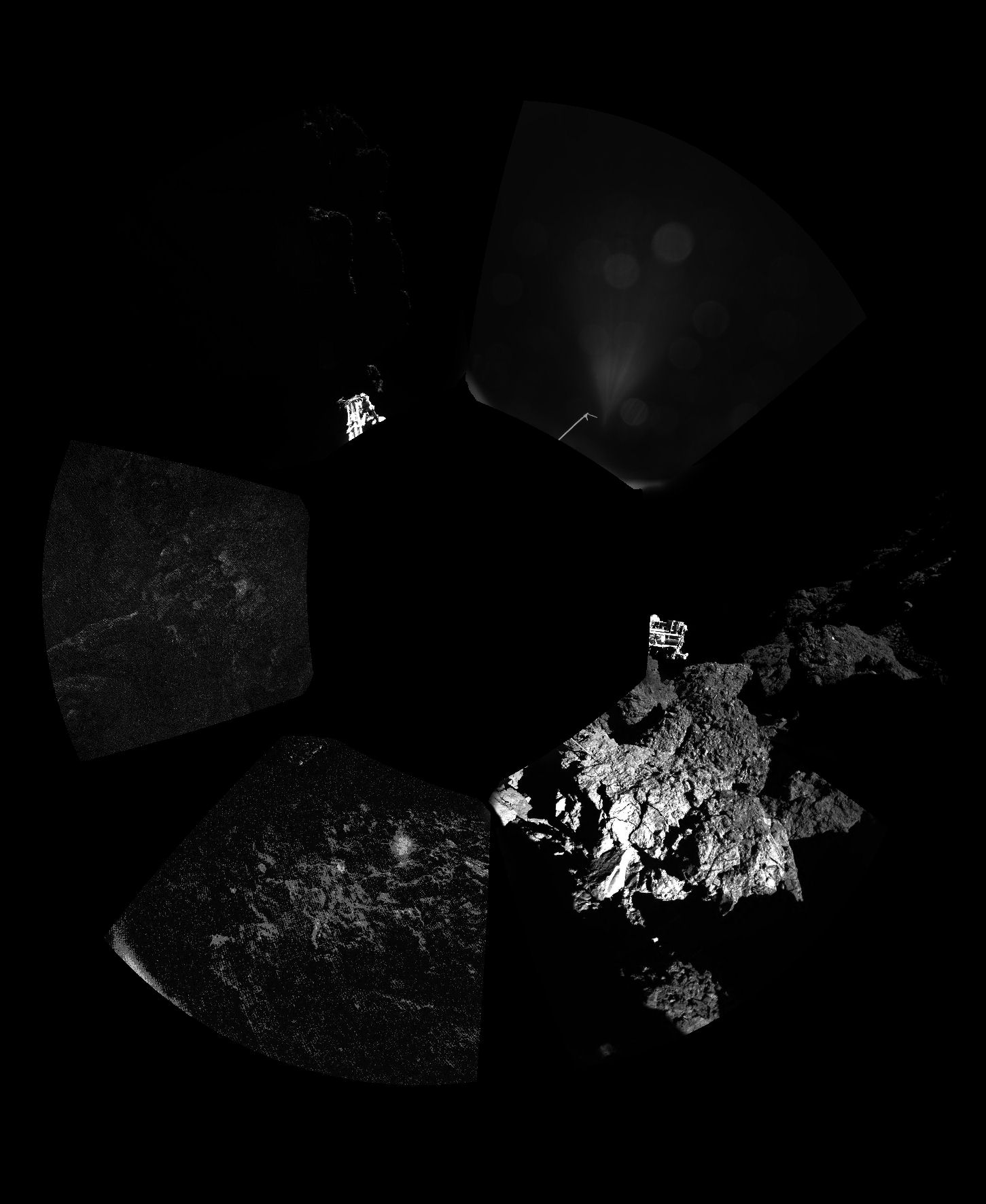 From ESA in November 2014: "Rosetta’s lander Philae has returned the first panoramic image from the surface of a comet. The view, unprocessed, as it has been captured by the CIVA-P imaging system, shows a 360º view around the point of final touchdown. The three feet of Philae’s landing gear can be seen in some of the frames." Image Credit: ESA/Rosetta/Philae/CIVA