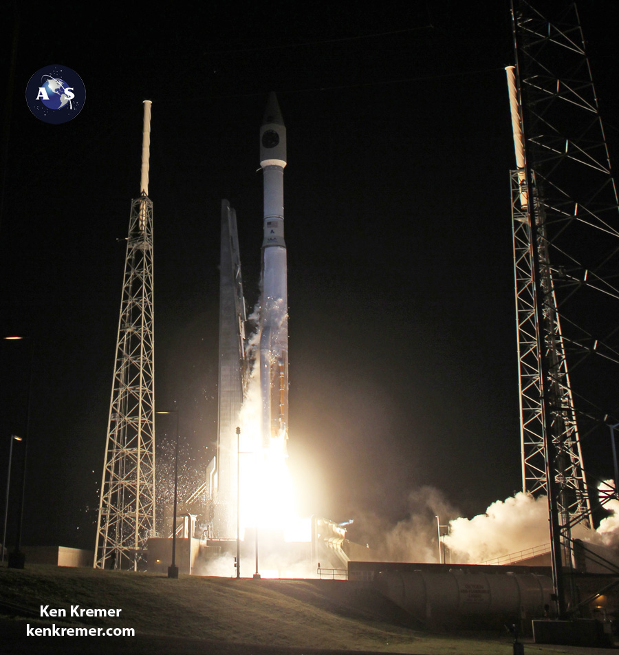 Current view of Space Launch Complex 41 with “Clean pad” during launch of NASA’s Magnetospheric Multiscale (MMS) spacecraft will soon change radically with installation this summer 2015 of commercial crew access tower for crewed launches of Boeing CST-100 space taxi to the ISS.   Here a United Launch Alliance Atlas V rocket with MMS onboard launches from the Cape Canaveral Air Force Station Space Launch Complex 41, Florida, on March 12, 2015.  Credit: Ken Kremer/kenkremer.com/AmericaSpace 