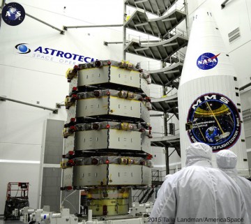 The four identical solar-terrestrial satellites are displayed at Astrotech Space Operations before being encapsulated and transported to Space Launch Complex-41 at Cape Canaveral Air Force Station. Photo credit: Talia Landman/AmericaSpace 