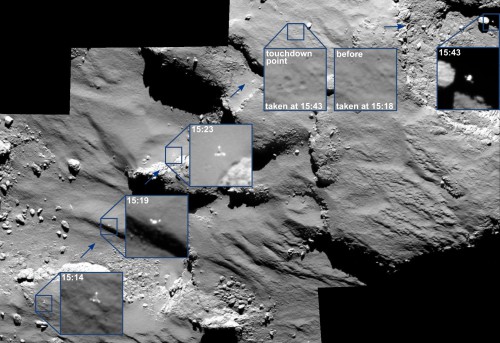 From ESA: "These incredible images show the breathtaking journey of Rosetta’s Philae lander as it approached and then rebounded from its first touchdown on Comet 67P/Churyumov–Gerasimenko on 12 November 2014.  The mosaic comprises a series of images captured by Rosetta’s OSIRIS camera over a 30 minute period spanning the first touchdown. The time of each of image is marked on the corresponding insets and is in GMT." Image Credit: ESA/Rosetta/MPS for OSIRIS Team MPS/UPD/LAM/IAA/SSO/INTA/UPM/DASP/IDA