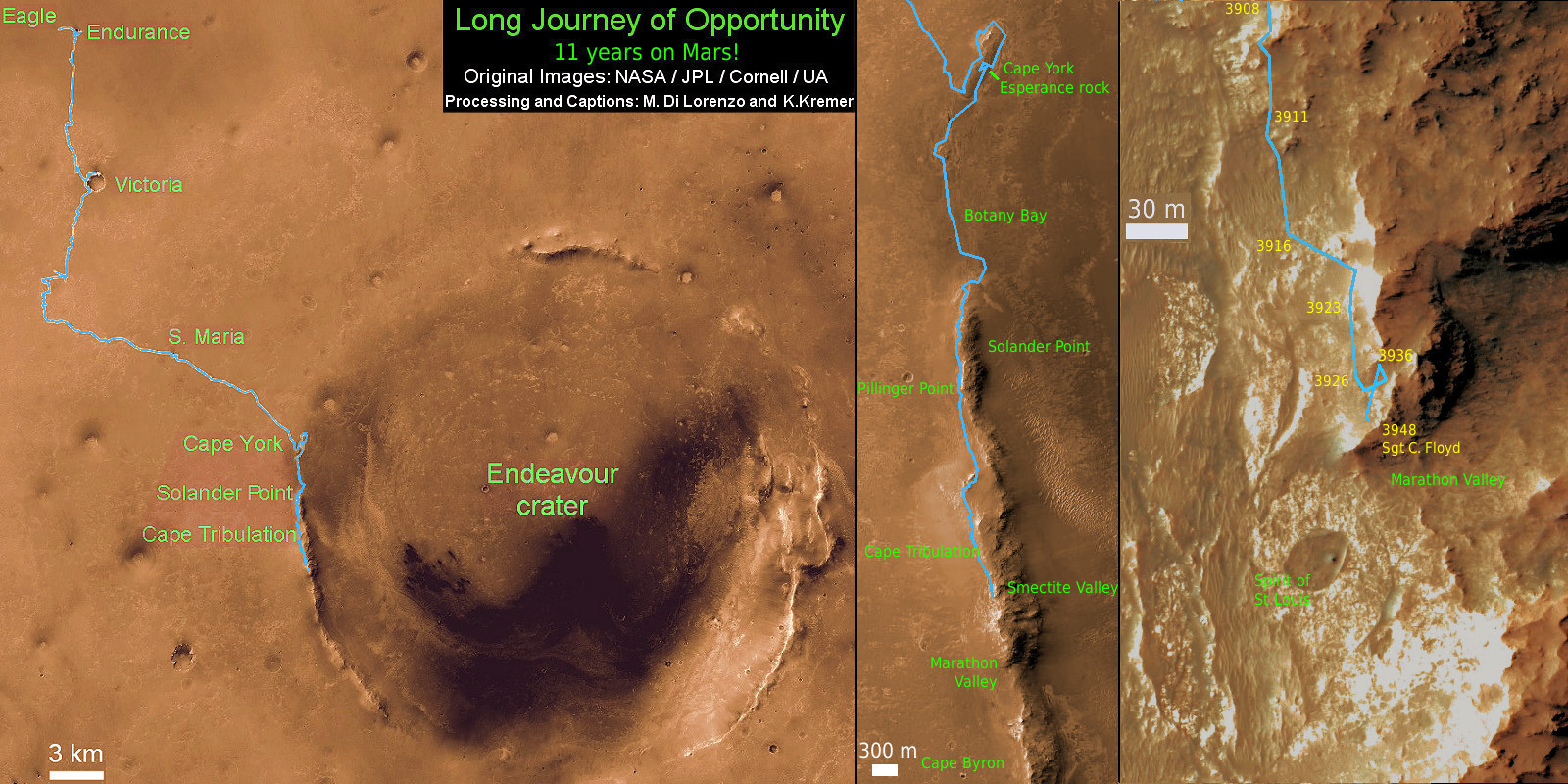 11 Year Traverse Map for NASA’s Opportunity rover from 2004 to 2015. This map shows the entire path the rover has driven during 11 years on Mars and over 3960 Sols, or Martian days, since landing inside Eagle Crater on Jan 24, 2004 to current location just past the Cape Tribulation summit at the western rim of Endeavour Crater near Marathon Valley. Rover marked 11 anniversary on Sol 3911. Opportunity discovered clay minerals at Esperance – indicative of a habitable zone - and is searching for more on the road ahead at Marathon Valley.  Credit: NASA/JPL/Cornell/ASU/Marco Di Lorenzo/Ken Kremer – kenkremer.com