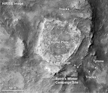 Orbital view of the Home Plate rock outcrop; the soil and rocks nearby show evidence for previous hydrothermal hot springs a long time ago. Image Credit: NASA/JPL-Caltech