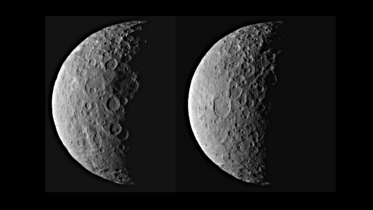 NASA's Dawn spacecraft took these images of dwarf planet Ceres from about 25,000 miles (40,000 kilometers) away on Feb. 25, 2015. Ceres appears half in shadow because of the current position of the spacecraft relative to the dwarf planet and the sun. The resolution is about 2.3 miles (3.7 kilometers) per pixel.   Credit:   NASA/JPL-Caltech/UCLA/MPS/DLR/IDA