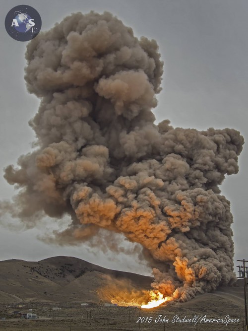 Orbital ATK's SLS booster test article QM-1 pummeling the mountainside on March 11, 2015. Photo Credit: John Studwell / AmericaSpace 